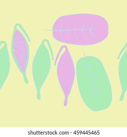 Seamless horizontal   pattern of  stylized floral motif, doodles,  spot, stripes, leaves, fruits, copy space . Hand drawn.