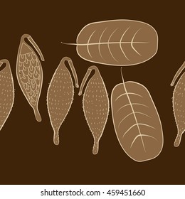 Seamless horizontal   pattern of  stylized floral motif, doodles,  spot, stripes, leaves, fruits, copy space . Hand drawn.