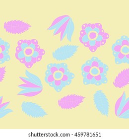 Seamless horizontal  pattern of  stylized floral motif, doodles,  flowers, spot,hole, leaves, ellipses, copy space . Hand drawn.