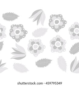 Seamless horizontal  pattern of  stylized floral motif, doodles,  flowers, spot,hole, leaves, ellipses, copy space . Hand drawn.