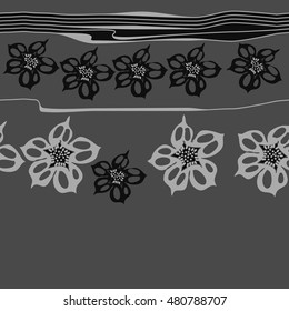 Seamless  horizontal   pattern of  stylized  flowers, stripes . Hand drawn.