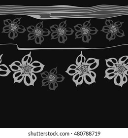 Seamless  horizontal   pattern of  stylized  flowers, stripes . Hand drawn.