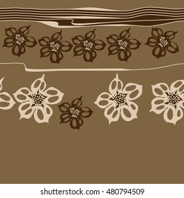 Seamless  horizontal   pattern of  stylized  flowers, stripes . Hand drawn.