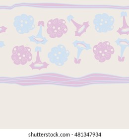 Seamless horizontal pattern of  stylized  flowers, stripes. Hand drawn.