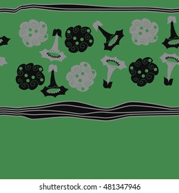 Seamless horizontal pattern of  stylized  flowers, stripes. Hand drawn.