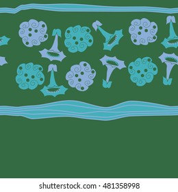 Seamless horizontal pattern of  stylized  flowers, stripes. Hand drawn.