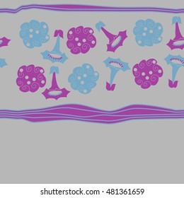 Seamless horizontal pattern of  stylized  flowers, stripes. Hand drawn.