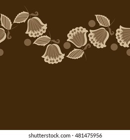 Seamless horizontal pattern of  stylized  flowers,branches. Hand drawn.