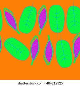 Seamless horizontal pattern with  stylized    fruits, leaves, copy space. Hand drawn.