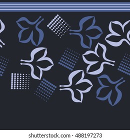 Seamless horizontal pattern with stylized gothic lily, halftone, stripes.