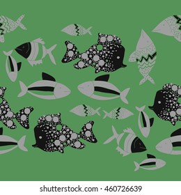 Seamless  horizontal pattern of  stylized  motif, doodles,  spot,fishes,ellipses, zigzag, copy space . Hand drawn.