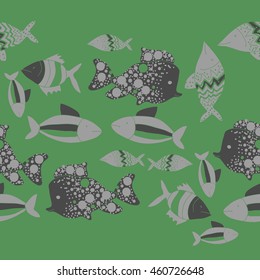 Seamless  horizontal pattern of  stylized  motif, doodles,  spot,fishes,ellipses, zigzag, copy space . Hand drawn.