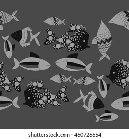 Seamless  horizontal pattern of  stylized  motif, doodles,  spot,fishes,ellipses, zigzag, copy space . Hand drawn.