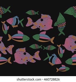 Seamless  horizontal pattern of  stylized  motif, doodles,  spot,fishes,ellipses, zigzag, copy space . Hand drawn.