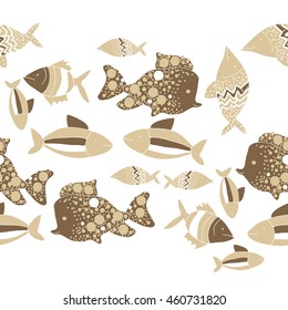 Seamless  horizontal pattern of  stylized  motif, doodles,  spot,fishes,ellipses, zigzag, copy space . Hand drawn.