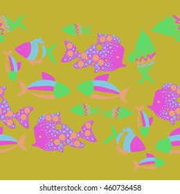 Seamless  horizontal pattern of  stylized  motif, doodles,  spot,fishes,ellipses, zigzag, copy space . Hand drawn.