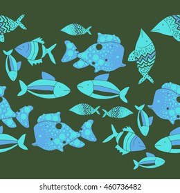 Seamless  horizontal pattern of  stylized  motif, doodles,  spot,fishes,ellipses, zigzag, copy space . Hand drawn.