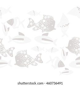 Seamless  horizontal pattern of  stylized  motif, doodles,  spot,fishes,ellipses, zigzag, copy space . Hand drawn.