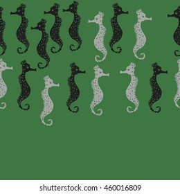 Seamless horizontal  pattern of  stylized  sea  motif, doodles,  spot,hole,sea Horses, spirals, object, copy space  . Hand drawn.