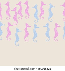 Seamless horizontal  pattern of  stylized  sea  motif, doodles,  spot,hole,sea Horses, spirals, object, copy space  . Hand drawn.