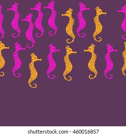 Seamless horizontal  pattern of  stylized  sea  motif, doodles,  spot,hole,sea Horses, spirals, object, copy space  . Hand drawn.