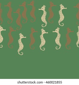 Seamless horizontal  pattern of  stylized  sea  motif, doodles,  spot,hole,sea Horses, spirals, object, copy space  . Hand drawn.