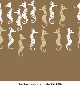 Seamless horizontal  pattern of  stylized  sea  motif, doodles,  spot,hole,sea Horses, spirals, object, copy space  . Hand drawn.