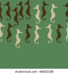 Seamless horizontal  pattern of  stylized  sea  motif, doodles,  spot,hole,sea Horses, spirals, object, copy space  . Hand drawn.