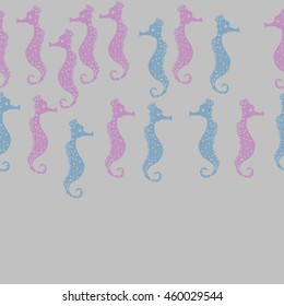 Seamless horizontal  pattern of  stylized  sea  motif, doodles,  spot,hole,sea Horses, spirals, object, copy space  . Hand drawn.