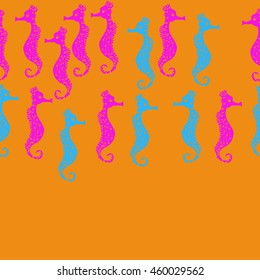 Seamless horizontal  pattern of  stylized  sea  motif, doodles,  spot,hole,sea Horses, spirals, object, copy space  . Hand drawn.