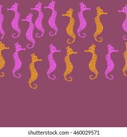 Seamless horizontal  pattern of  stylized  sea  motif, doodles,  spot,hole,sea Horses, spirals, object, copy space  . Hand drawn.