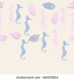 Seamless horizontal  pattern of  stylized  sea  motif, doodles,  spot,hole,sea Horses, shells, cowries, spirals, object, copy space . Hand drawn.
