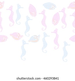 Seamless horizontal  pattern of  stylized  sea  motif, doodles,  spot,hole,sea Horses, shells, cowries, spirals, object, copy space . Hand drawn.