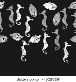 Seamless horizontal  pattern of  stylized  sea  motif, doodles,  spot,hole,sea Horses, shells, cowries, spirals, object, copy space . Hand drawn.