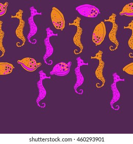 Seamless horizontal  pattern of  stylized  sea  motif, doodles,  spot,hole,sea Horses, shells, cowries, spirals, object, copy space . Hand drawn.