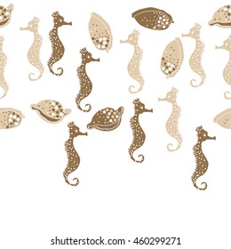 Seamless horizontal  pattern of  stylized  sea  motif, doodles,  spot,hole,sea Horses, shells, cowries, spirals, object, copy space . Hand drawn.