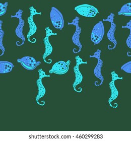Seamless horizontal  pattern of  stylized  sea  motif, doodles,  spot,hole,sea Horses, shells, cowries, spirals, object, copy space . Hand drawn.