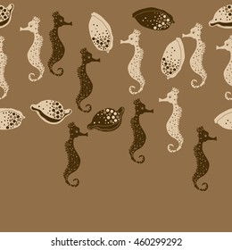 Seamless horizontal  pattern of  stylized  sea  motif, doodles,  spot,hole,sea Horses, shells, cowries, spirals, object, copy space . Hand drawn.