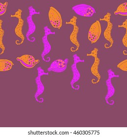 Seamless horizontal  pattern of  stylized  sea  motif, doodles,  spot,hole,sea Horses, shells, cowries, spirals, object, copy space . Hand drawn.