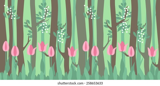 Seamless horizontal pattern with tulips and trees in spring forest 