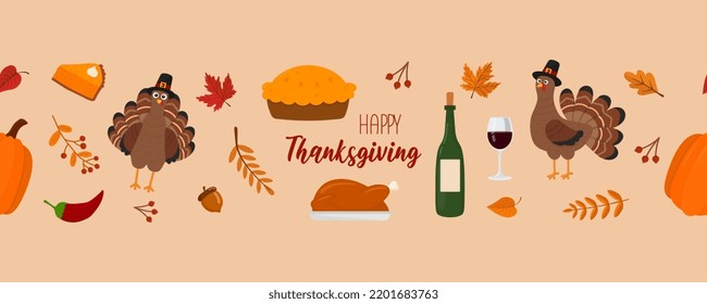 Seamless horizontal pattern with turkey and holiday symbols. Texture for fabric, wallpaper, apparel, wrapping. Happy Thanksgiving.