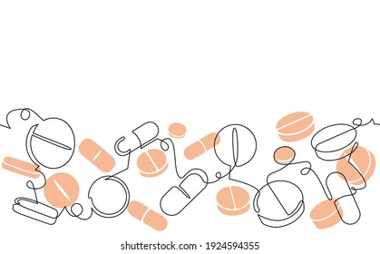Seamless Horizontal Pattern with various Pills on white Background. Vecrot illustration.