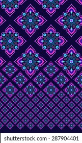 seamless horizontal pattern, with vertical placement layout. Navajo tribal mexican motifs, from  large to small, in half drop layout. vibrant pink, purple and blue decorations and ornaments. 