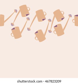 Seamless  horizontal  pattern of watering can, doodles,  object,ellipses  . Hand drawn.
