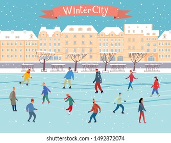 Seamless horizontal pattern. Winter city, people ride on the rink. Vector full color graphics