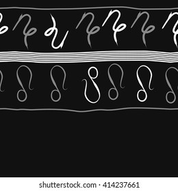 Seamless horizontal  pattern of zodiac signs, doodles, object,capricorn,copy space ,lions, stripes. Hand drawn.