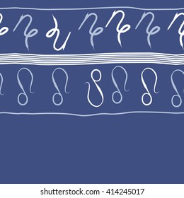 Seamless horizontal  pattern of zodiac signs, doodles, object,capricorn,copy space ,lions, stripes. Hand drawn.