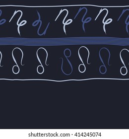 Seamless horizontal  pattern of zodiac signs, doodles, object,capricorn,copy space ,lions, stripes. Hand drawn.
