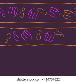Seamless horizontal pattern of zodiac signs, doodles, object,virgo,lions, stripes, copy space. Hand drawn.