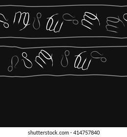 Seamless horizontal pattern of zodiac signs, doodles, object,virgo,lions, stripes, copy space. Hand drawn.